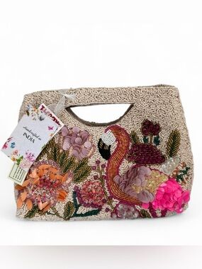Made in India Beaded Flamingo Embellished handbag- Pink/Peach Floral